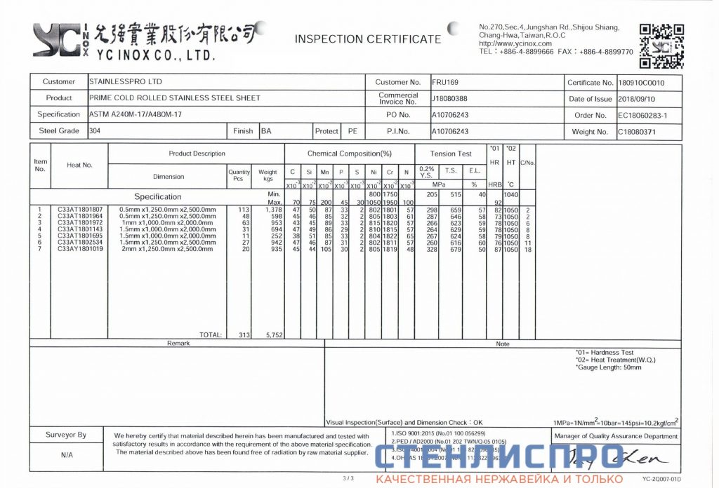сертификат на лист нержавейки AISI 304 0.5х1250х2500 BA PE зеркальный в пленке