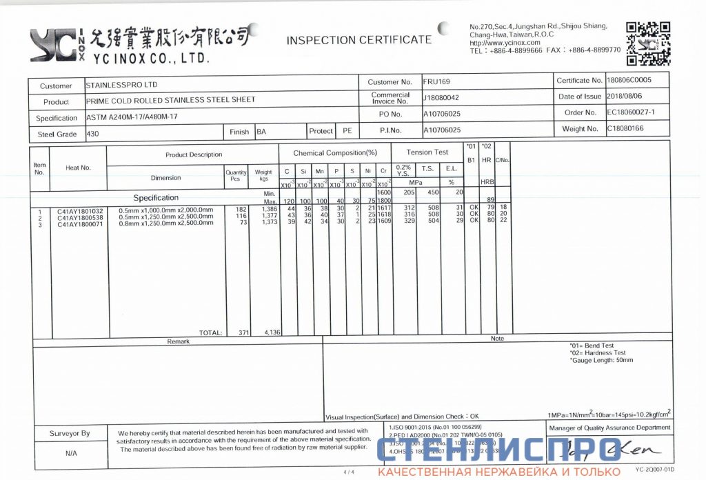 сертификат на лист нержавейки AISI 430 0.8х1250х2500 BA PE зеркальный в пленке