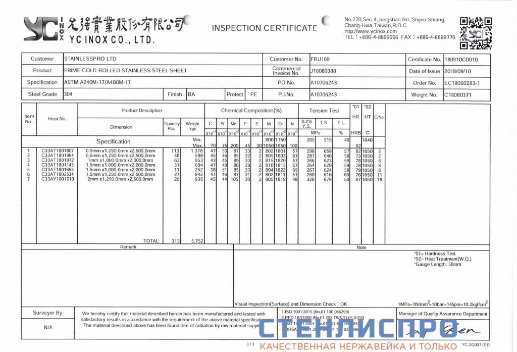 сертификат на лист нержавеющий aisi 304 1х1000х2000 BA PE