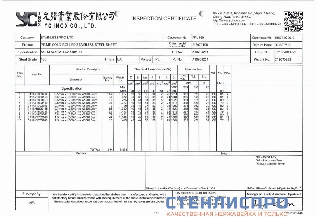 сертификат на лист нержавеющий aisi 430 0,7х1250х2500 BA PE