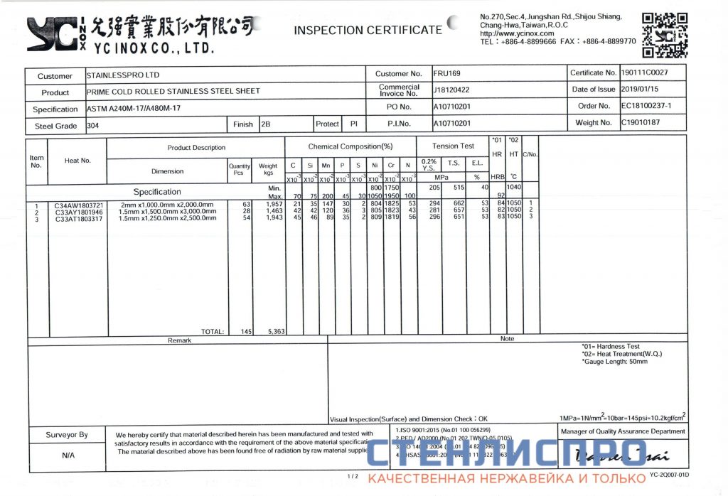 сертификат на лист нержавейки aisi 304 2х1000х2000 2B матовый